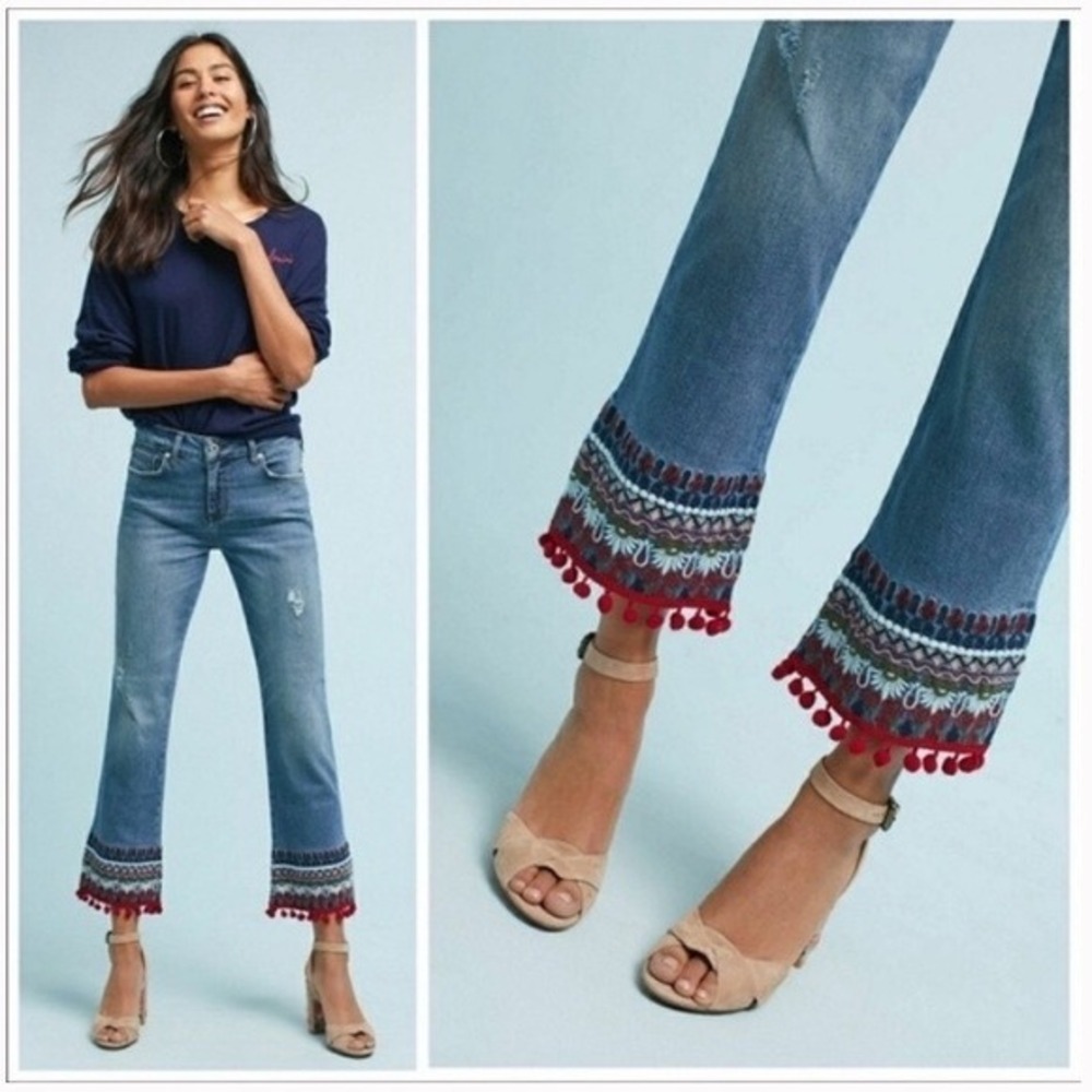 Pilcro & Letterpress Anthropologie Embroidered Pom Pom Hem Jeans 27 Distressed